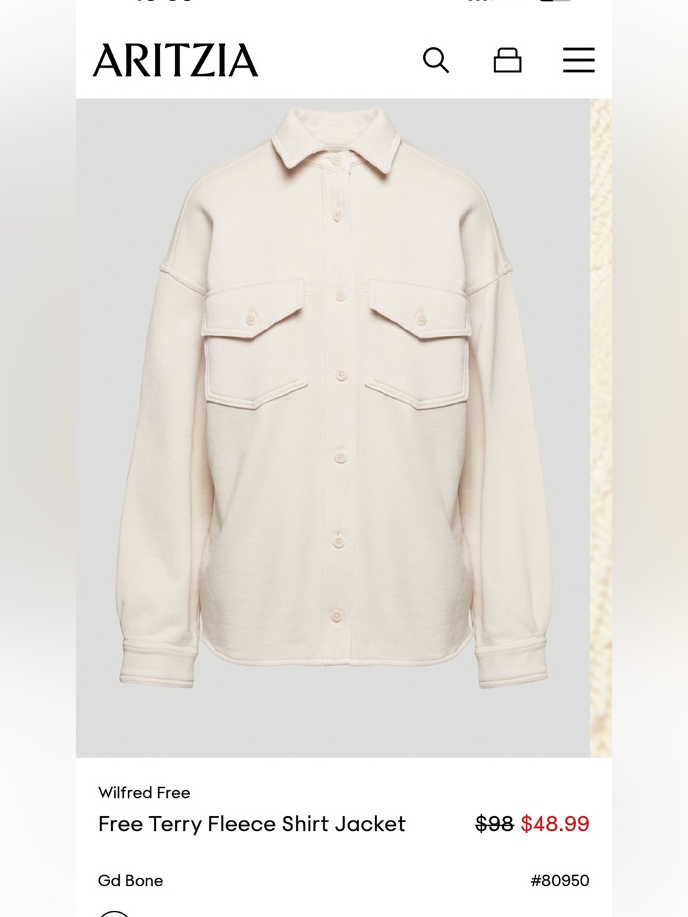 Aritzia Wilfred Free Terry Fleece Shirt Jacket Cream size S